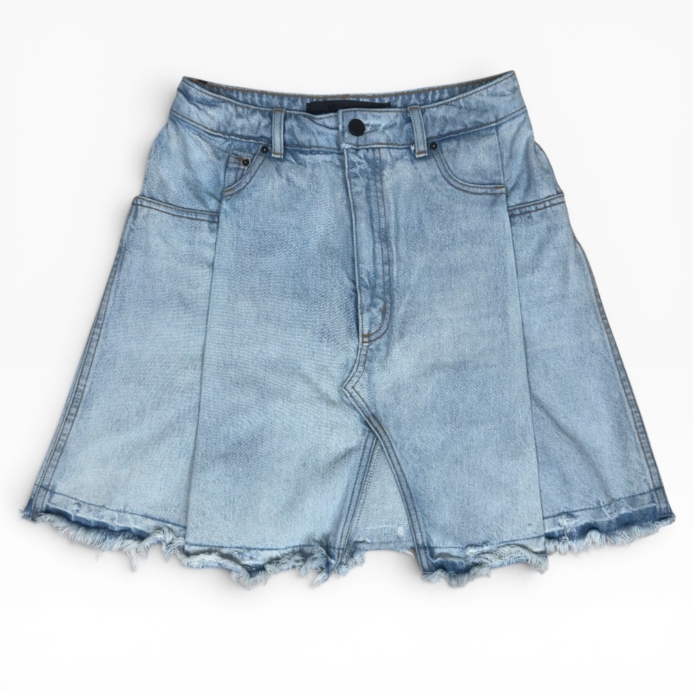Alexander Wang Denim Mini Skirt Womens 28 Light Blue Raw Hem Paneled Made in USA